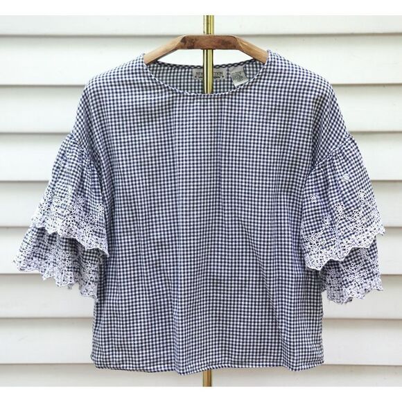 Vintage 90s New Direction Blue Gingham Eyelet Bell Sleeve Blouse - Picture 2 of 6
